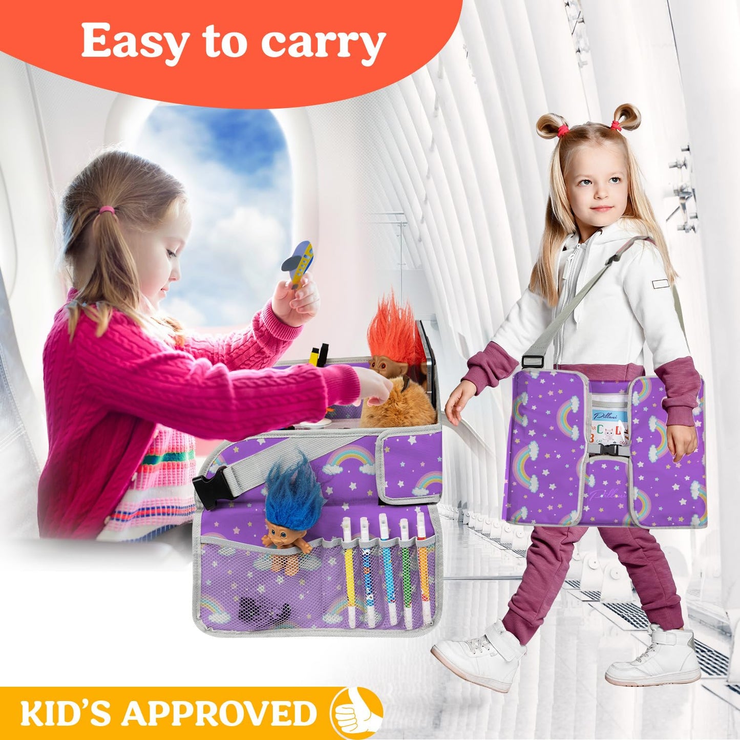 PILLANI Kids Travel Tray for Car - Car Seat Tray for Kids Travel, Road Trip Essentials Must Haves - Carseat Table Roadtrip Activities - Toddler Lap Desk Organizer for Airplane - Kids Travel Essentials