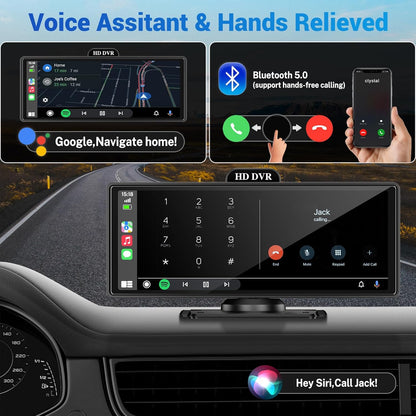 Wireless Apple Carplay Screen for Car 4K Dash Cam, 10.26" HD Touchscreen with Portable Apple Carplay & Android Auto Car Stereo, 1080p Backup Camera