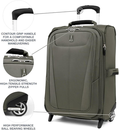 Travelpro Maxlite 5 Softside Expandable Upright 2 Wheel Carry on Luggage, Lightweight Suitcase, Men and Women, Slate Green, Carry On 20-Inch