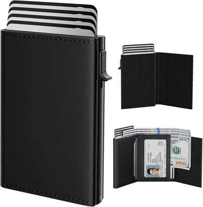 typecase Mens Wallet Card Holder: Pop Up Aluminum Case, Genuine Leather, Smart, RFID Blocking, Slim, Minimalist, Front Pocket - 9-14 Card Capacity | ID Window | Cash Slot (Deep Black)