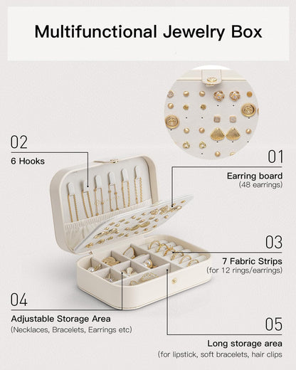 Vlando Travel Jewelry Case for Women Girls Mothers, PU Leather Small Mini Jewelry Box for Rings, Necklaces, Bracelets, Earring Holder Organizer Storage for Travel Accessories, Bridesmaid Gifts - Beige