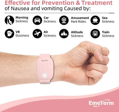 EmeTerm Fashion Pink Anti-Nausea Wristband Relieve Morning Motion Travel Sickness Rechargeable Drug Free Bands Without Side Effects - Extra 2pack Conductive Gel