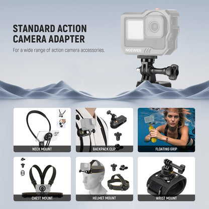 NEEWER Action Camera Tripod Mount Adapter with 1/4"-20 Screw Aluminum Alloy Accessories Compatible with Insta360 X5 X4 X3 GoPro Hero 13 12 DJI Osmo Action 5 Pro 4 3 AKASO APEMAN, GP-81