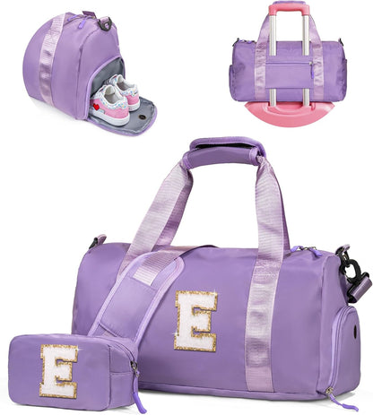 Tween Girls Gifts Trendy Stuff-Girl Gym Bag with Shoe Compartment, Kid Personalized Weekender Overnight Bags, Initial Travel Tote with Makeup Pouch, Preppy Things for Kids (Letter E)