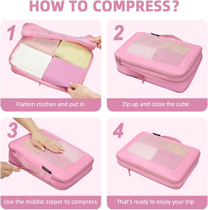 BAGAIL 4 Set/6 Set/8 Set Compression Packing Cubes Travel Accessories Expandable Packing Organizers (Square Mesh, 06-Pink)