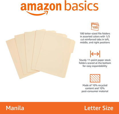 Amazon Basics File Folders with Tabs for Filing, 1/3-Cut Tab, Assorted Positions, 8.5x11 inches, Letter Size, Manila, Pack of 100