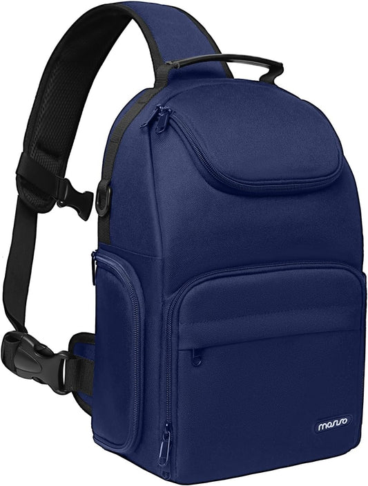 MOSISO Camera Sling Bag, DSLR/SLR/Mirrorless Camera Case Crossbody Photography Backpack with Tripod Holder&Removable Modular Inserts&PU Handle Compatible with Canon/Nikon/Sony, Navy Blue