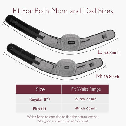 Momcozy Hip Seat Baby Carrier - Adjustable Waistband with Original 3D Belly Protector, Ergonomic Carrier with Various Pockets for Newborns & Toddlers up to 45lbs (Grey, Large)