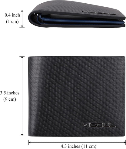 VISOUL Leather Mens Bifold RFID Blocking Wallet with 2 ID Windows, Leather Wallet for Men (Carbon Fiber, Black+Blue)