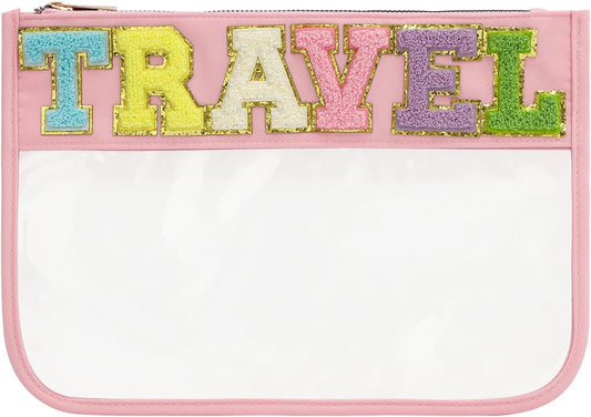 DYSHAYEN Chenille Letter Clear Zipper Pouch for Travel,Nylon Clear Cosmetic Bag,Makeup Travel Bag for Women Girls 11.8 Inches x 8.2 Inches