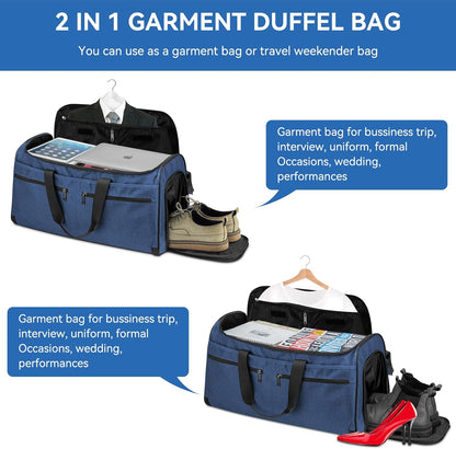 Large Garment Bag for Travel, Bukere Convertible Suit Travel Garment Duffel Bag for Men Women Business, Shoe Compartment, Detachable Shoulder Strap, Multi-Function 2 in 1 Weekender Bag, Blue