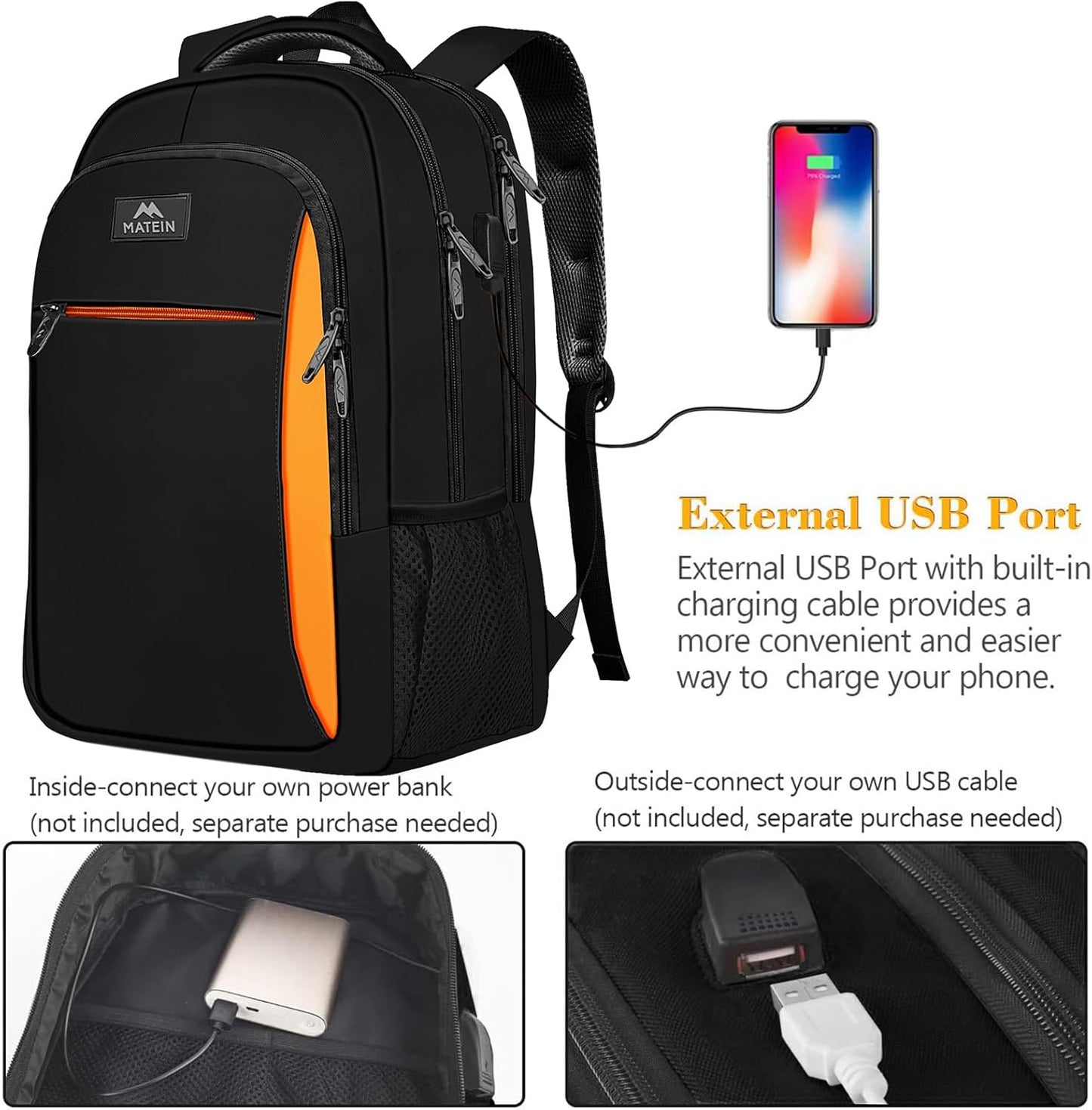 MATEIN Travel Laptop Backpack, Slim Sturdy College Laptops Backpack with USB Charging Port, Business Anti Theft Water Resistant Computer Bag Gift for Men & Women Fits 15.6 Inch Notebook
