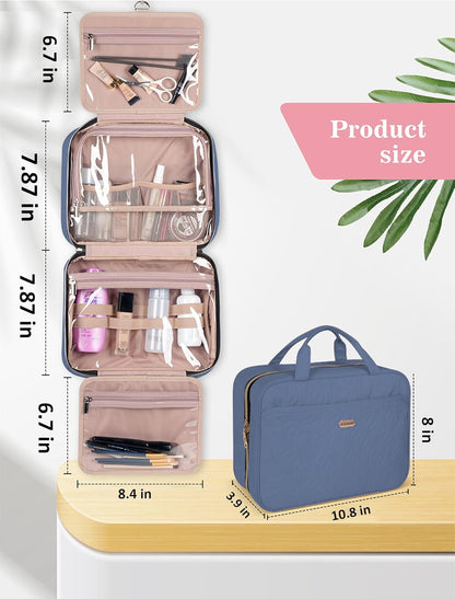 BALHLHG Toiletry Bag for Women with Hanging Hook, Medium Travel Makeup Organzier Bag, Water-resistant Cosmetic Travel Bag Toiletries Bag for Bathroom, Trip,Business, Greyblue