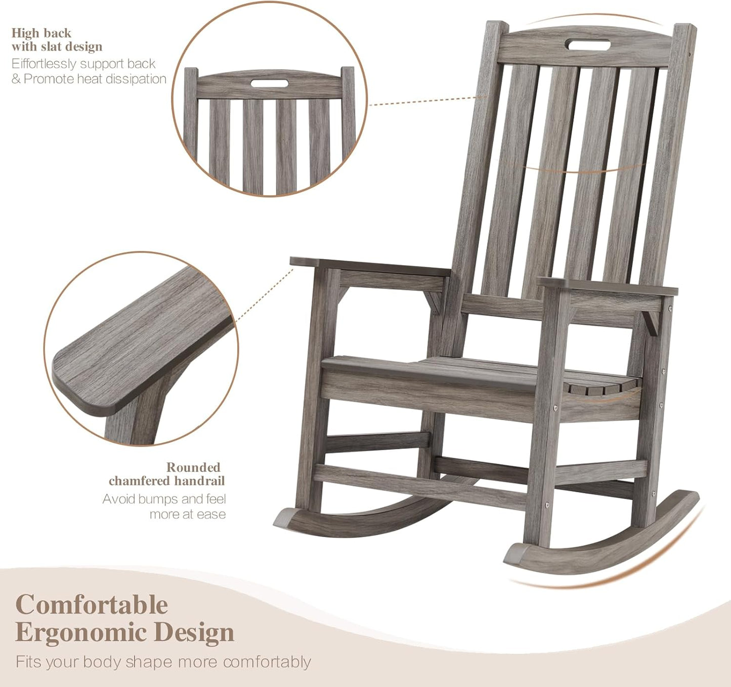 Psilvam Outdoor Rocking Chair, Poly Lumber Oversized Rocking Chair with 21" Wide Seat and 32" Tall Backrest, Pre-Assembled with Most Components for Effortless Installation(Light Gray)