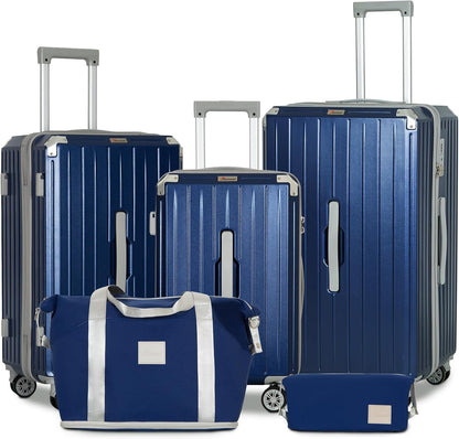Romswi Suitcase Set with TSA Lock Cup Holder, Hardside Spinner Suitcase with Duffel Bag, Lightweight Durable PC+ABS Navy 5 PCS(20/24/28inch)