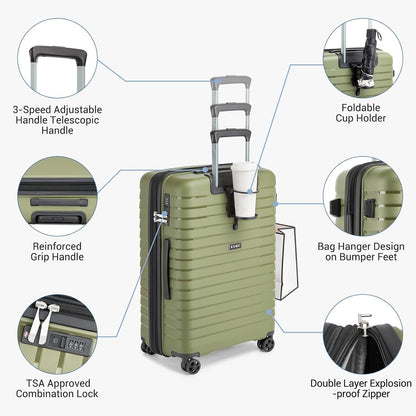 Kono 20 Inch Expandable Carry On Luggage with Spinner Wheels, Durable Hardside Luggage with Hidden Cup Holder, Lightweight Hard Shell Carry On Suitcase Airline Approved with TSA Lock(Green)
