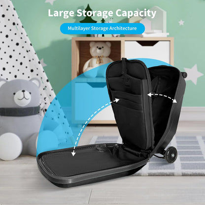 Scooter Hardshell Kids' Luggage, Foldable Carry on Kids Suitcase with Telescopic Handle for Travel, Multifunctional Ride On Lightweight Luggage with Wheels, Light Black