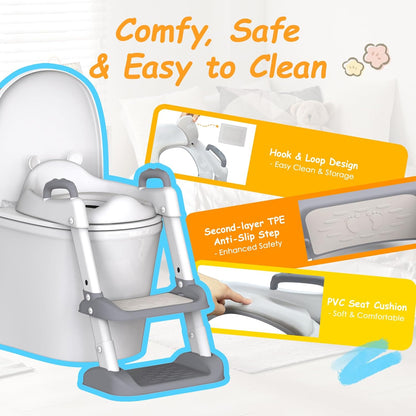 HBTower Potty Training Seat with Step Stool Ladder for Toddlers, Adjustable Kids Toilet Seat with Splash Guard, Anti-Slip Pads & Safety Handles, Comfortable Potty Chair for Boys & Girls (Grey)