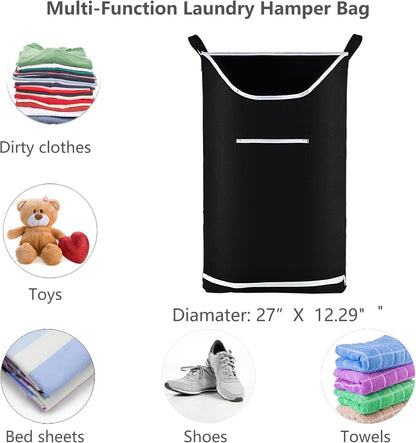 Hanging Laundry Hamper Bag Behind Door Hampers for Laundry Hanging Save Space Zipper Laundry Hamper Door Hanging with 2 PCs Stainless Steel Hooks Suction Hooks for Wall/Bathroom (Black-2Pack)