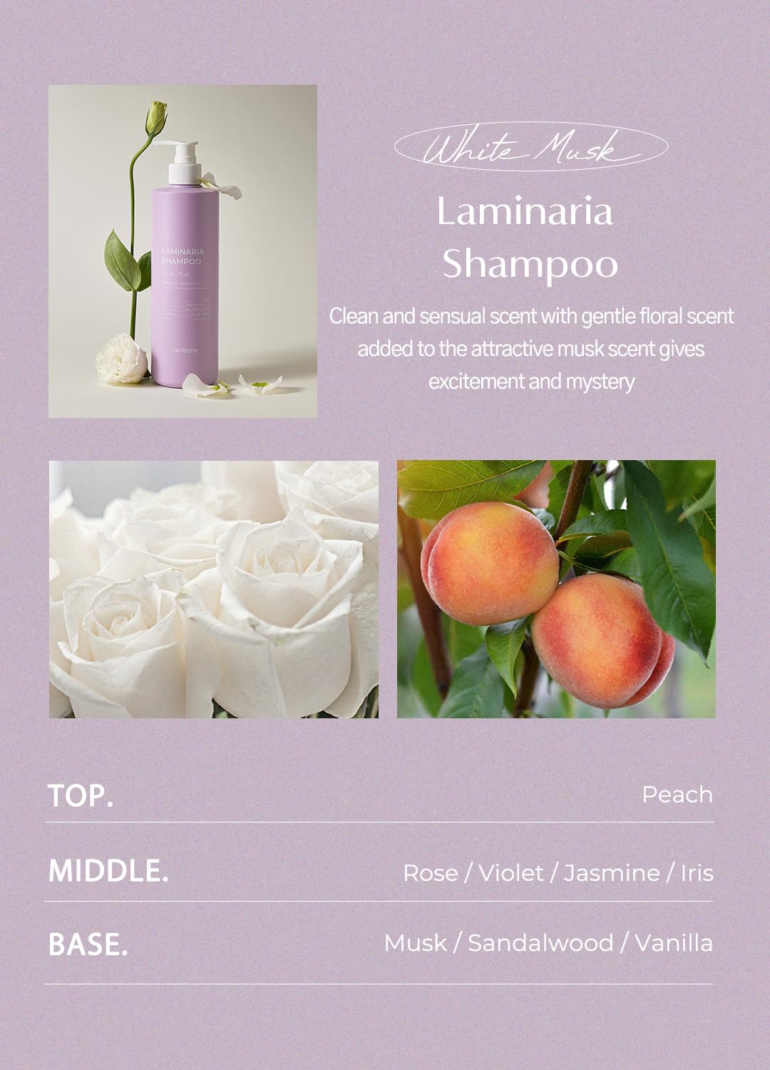 laferme Laminaria Shampoo with Organic Ingredient, Korean Clarifying Shampoo, Hydrating for Dry Hair, Strengthening for Weak Hair, Sulfate & Paraben free, For Women & Men (16.9 FL. OZ., White Musk)