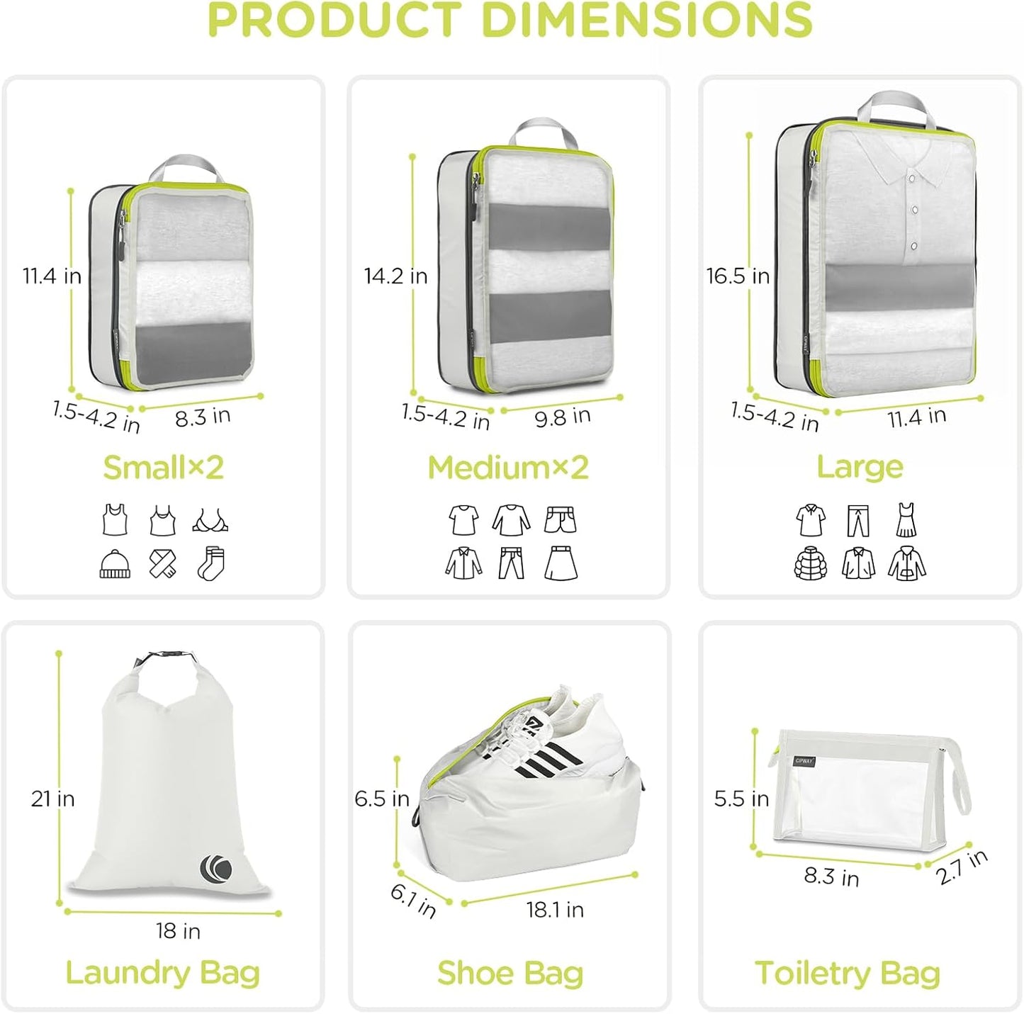 Cipway Compression Packing Cubes Mesh, Lightweight Luggage Organizer Bags with Laundry Bag,Toiletries Bag and Shoe Bag, Travel Essentials for Carry on Suitcase（8Pcs,White）