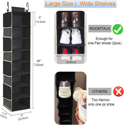 Large-Sized Hanging Shoe Organizer 8-Shelf, Hanging Closet Organizer with 8 Side Pockets, Wider Hanging Shelves for Storage Shoes Clothes 9" W × 11.8" D× 48" H, Black.