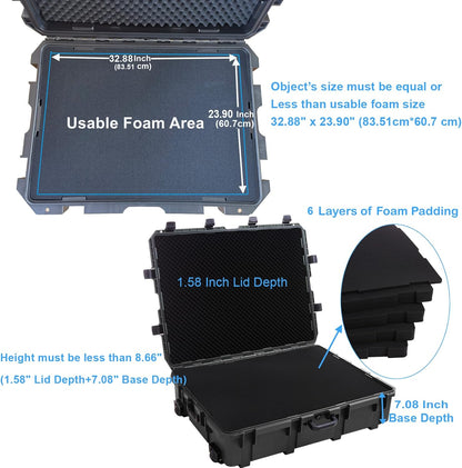 Waterproof Hard Case, 38.5x 29.5 x 11 Inch Rolling Hard Case, Equipment Roller with Wheels,Customizable Foam, for cameras, Camcorder,Drone,Gear, tool,IP67, Inner 32.88" x 23.90" x 8.66"