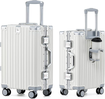 HotWay 24 Inch Aluminum Frame Luggage with Spinner Wheels, PC Hard Shell Suitcase with Cup Holder, Zipperless Luggage for Business Travel, White