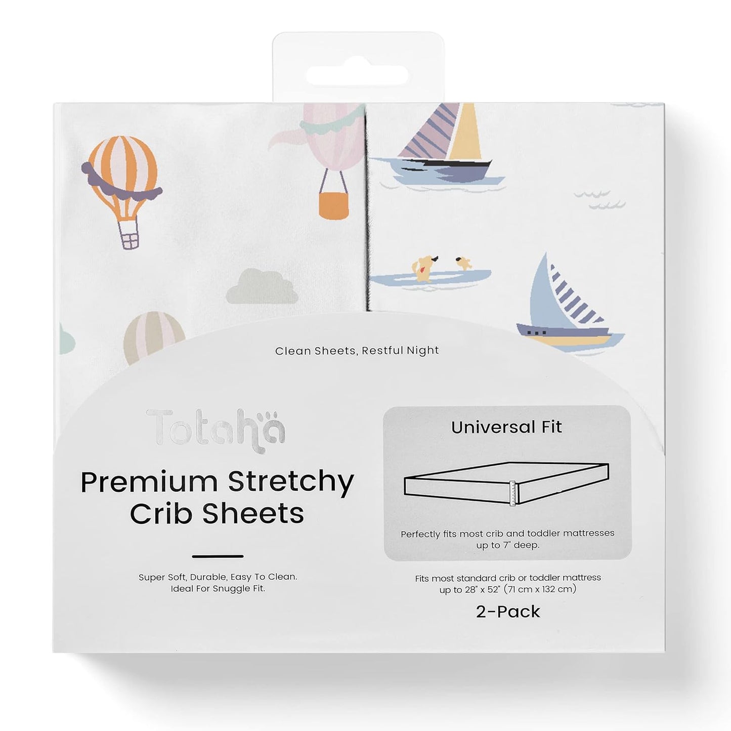 TotAha Premium Stretchy Crib Sheets (2-Pack)-Hypoallergenic, Silky Comfort, Buttery Soft, Calming Effect, All-Season Jersey-Knit Sheets, 28 X 52 X 9'' Extra Deep Pocket (Balloon & Sailboat)