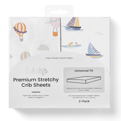 TotAha Premium Stretchy Crib Sheets (2-Pack)-Hypoallergenic, Silky Comfort, Buttery Soft, Calming Effect, All-Season Jersey-Knit Sheets, 28 X 52 X 9'' Extra Deep Pocket (Balloon & Sailboat)