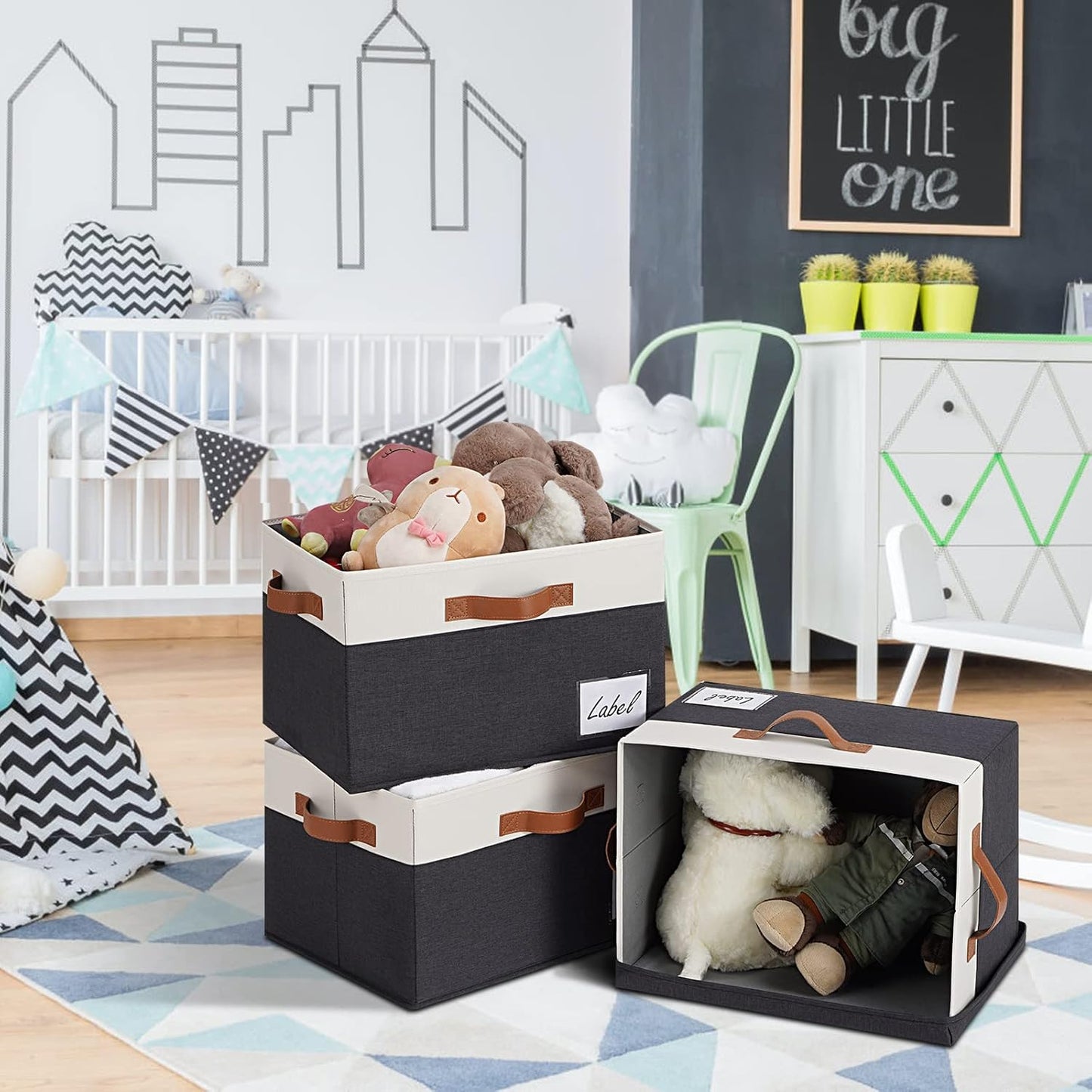 Extra Large Storage Bins with Lids, Foldable Fabric Storage Baskets with Lids, Sturdy Storage Boxes with Labels and 3 PU Handles for Closet Home Bedroom Office (32L, 3 Packs, Black&White)