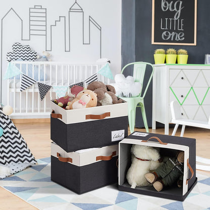 Extra Large Storage Bins with Lids, Foldable Fabric Storage Baskets with Lids, Sturdy Storage Boxes with Labels and 3 PU Handles for Closet Home Bedroom Office (32L, 3 Packs, Black&White)