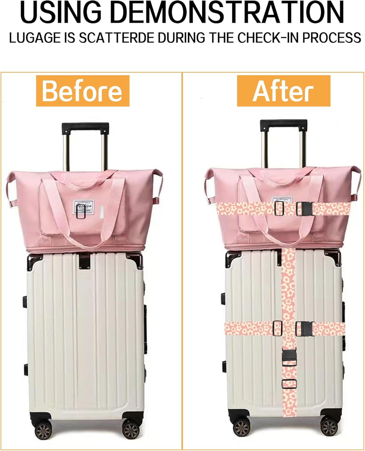 Luggage Straps for Suitcases, Adjustable Travel Belt, Durable Wide Luggage Strap, Cute Suitcase Strap Identifiers with Buckle, Bag Straps for Luggage, Pink Cute Flowers