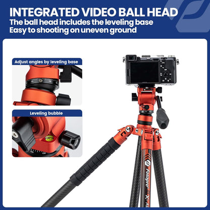 Fotopro Carbon Fiber Tripod 2.3lbs Ultralight 62 Inch Portable Travel Video Tripod for Camera DSLR Load up to 22lbs X-Aircross 3 Video Orange