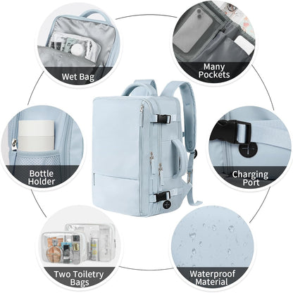Hanples Large Travel Backpack for Women, 35L Carry on Luggage Backpack,17 Inch Laptop Backpack with USB Charging Port, Waterproof Casual Bag Gift for Men with 2 Toiletry Bags (Light Blue)