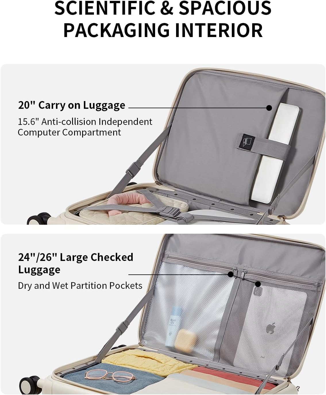 aji Expandable Top Opening Carry On Luggage Airline Approved, 20 Inch Lightweight Hardside Carry On Suitcase with Spinner Wheels, Travel Luggage with Laptop Compartment for Women Men, Coconut White