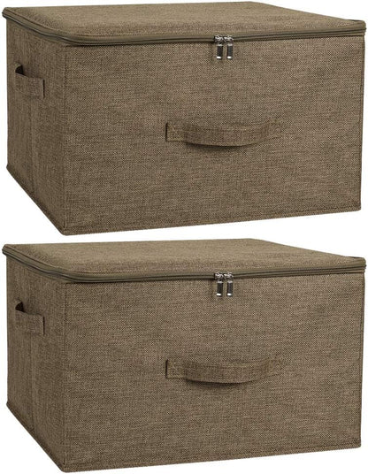 ANMINY 2PCS Storage Bins with Zipper Lids 36 Qt Lidded Fabric Storage Boxes Baskets Cubes with Handles Collapsible Washable Cotton Linen Closet Shelf Clothes Organizer Containers - Coffee, Large