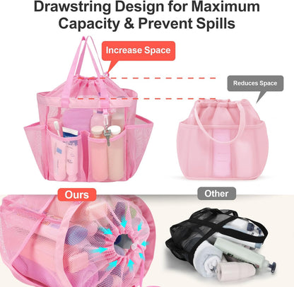 F-color Mesh Shower Caddy Portable with Drawstring - Upgrade Deeper 7 Pockets Dorm Room Essentials for Guys Girls with S Hook, Shower Bag Basket Tote for College Camping Bathroom, 2 Pack Pink