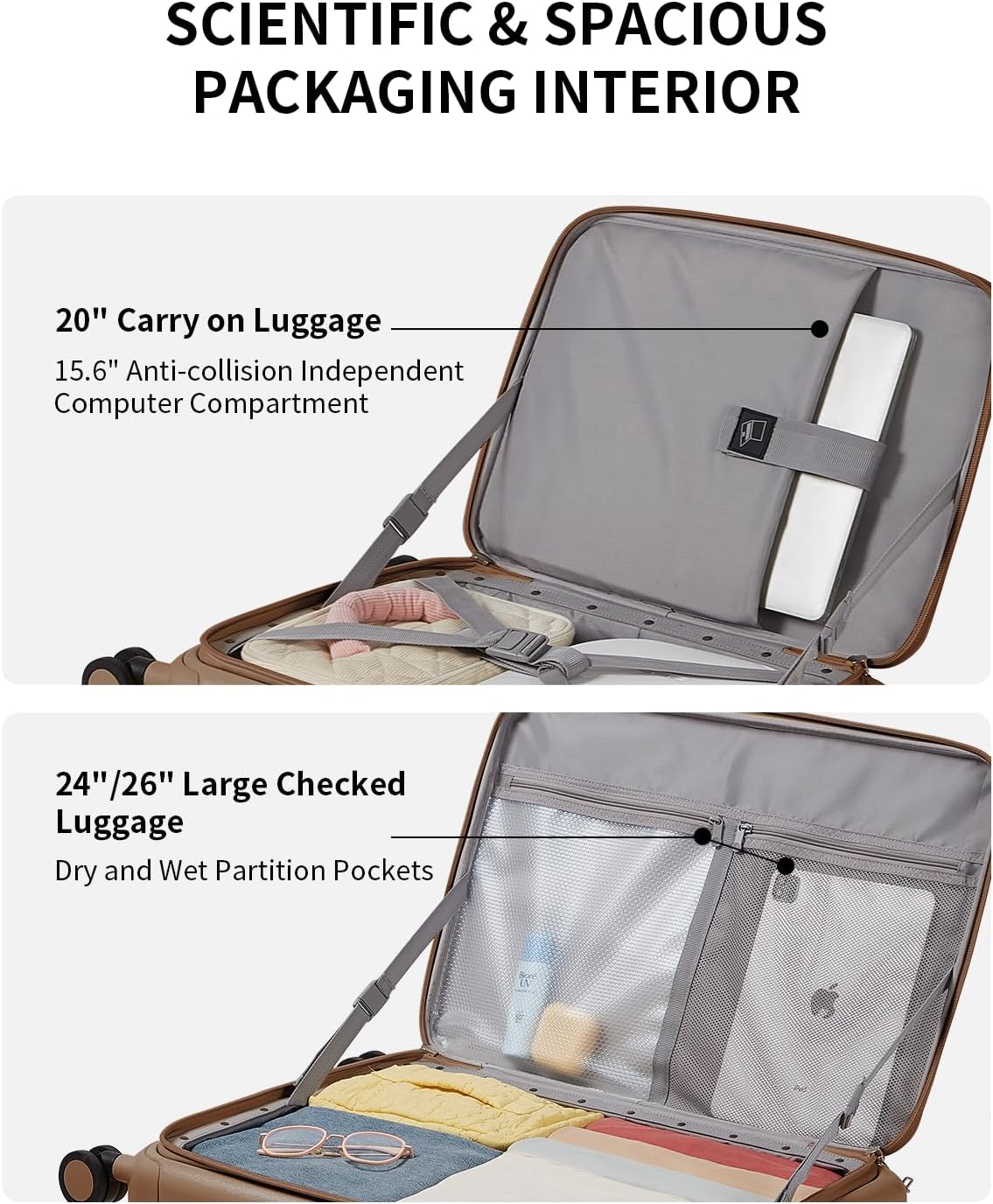 aji Expandable Top Opening 24 Inch Checked Luggage with Spinner Wheels, Large Suitcase with TSA Lock, Hard Shell Travel luggage Suitcases for Men Women, for 12+Days Travel, Chocolate Brown