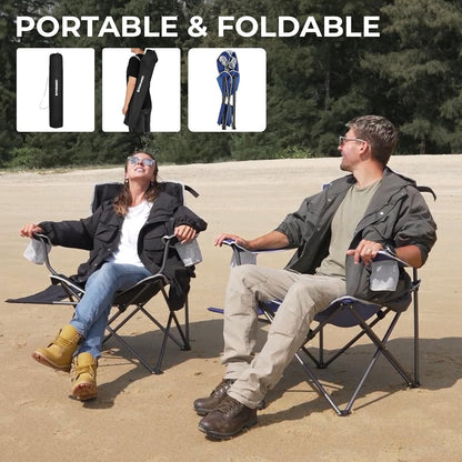 FUNDANGO Folding Camping Chair with Table, 2 Pack Portable Heavy Duty Outdoor Padded Chairs for Adults with Cup Holders for Lawn Beach Picnic Outside Travel (Blue)
