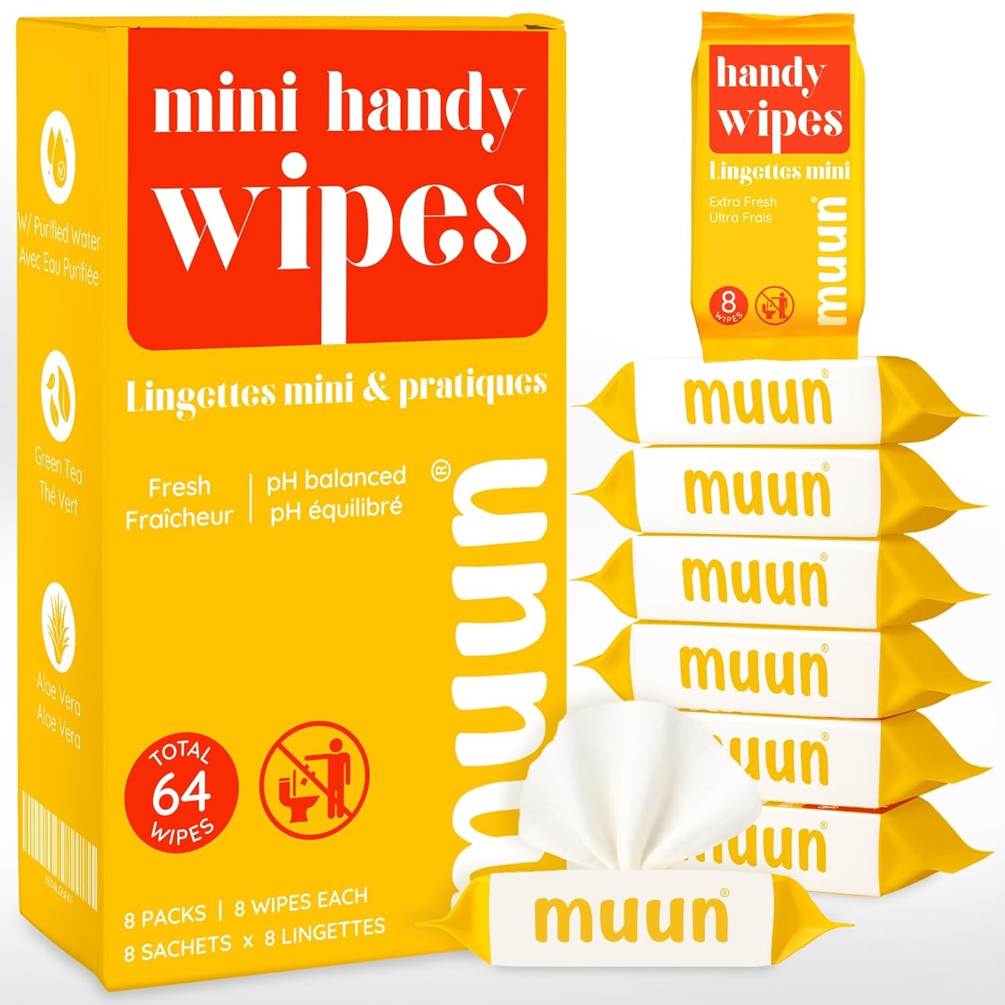 Mini Travel Wipes (8 packs, 8 wipes each) - Compact Wet Wipes for Hands and Face, Green Tea Scent, On The Go Wipes for Camping & Travel, Skin-Friendly for Adults, Total 64 Ct.