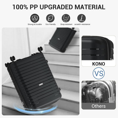 Kono 20 Inch Expandable Carry On Luggage with Spinner Wheels, Durable Hardside Luggage with Hidden Cup Holder, Lightweight Hard Shell Carry On Suitcase Airline Approved with TSA Lock(Black)