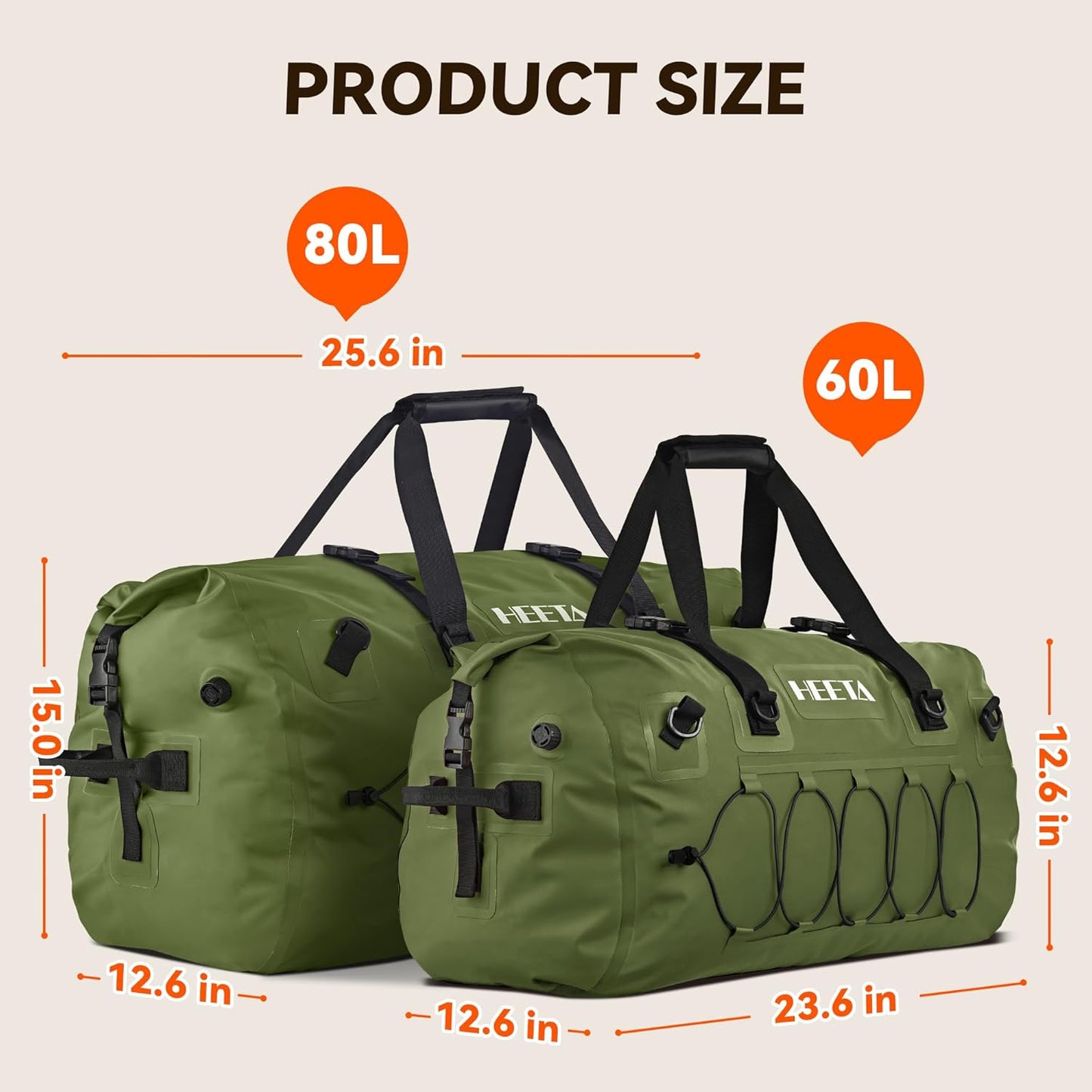HEETA Waterproof Duffel Bag Motorcycle Dry Bag Backpack, 60L/80L Extra Large Rolltop Travel Duffle Bags with Straps & Handles for Kayaking Rafting Boating Canoeing Camping Gym Beach Cruise Ship