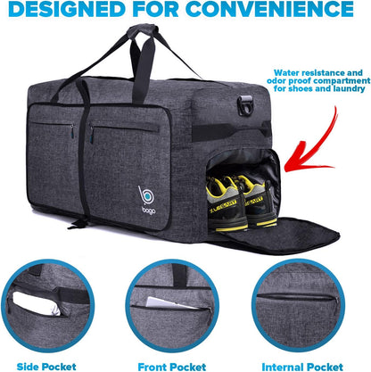 Bago Large Foldable Duffel Bags for Traveling Women & Men - 100L Packable Duffle Bag for Travel with Shoe Compartment - Water Repellant, Heavy Duty, Lightweight Folding & Collapsible (SnowBlack)