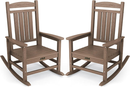 SERWALL Outdoor Rocking Chair Set of 2, HDPE Patio Rocking Chair All-Weather Porch Rocker for Balcony, Yard, Brown