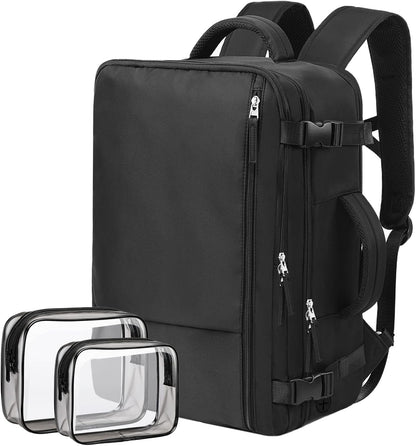 Hanples Travel Backpack for Women Men Large Carry On Person Item Flight Approved 17 In Laptop Backpack Waterproof anti theft Casual Luggage with 2 Toiletry Bag(Black)