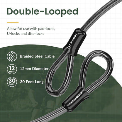 Titanker Bike Lock Cable,12mm Thick Security Cable with Loops Heavy Duty Steel Cable Vinyl Coated Bike Cable Lock Security Chain (4ft, 7ft, 15ft, 30ft)