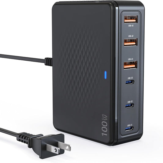 TT&C 100W USB-C Fast Charger, GaN III 6 Port PD+QC Multiport Charging Station Hub Block Cube, USB-C Wall Charger Power Strip Adapter Plug for iPhone 17,17 Air,16,15, Pro Max, Galaxy S25, S24-5ft Cord