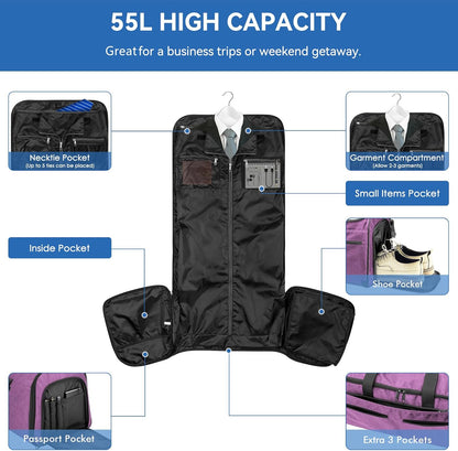 Bukere Carry on Garment Duffle Bag for Travel, Convertible Suit Bag with Backpack Shoulder Straps, Shoe Compartment, Waterproof 3 in 1 Weekender Suit Bag for Men Women