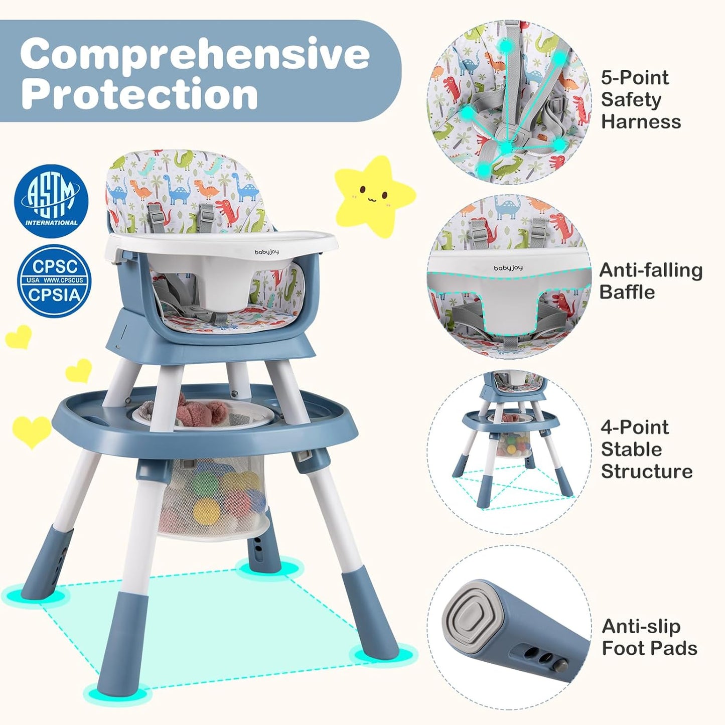 BABY JOY 16 in 1 High Chair, Convertible Baby Highchair for Babies and Toddlers with Activity Center, Booster Seat, Building Block Table, Toddler Chair with Safety Harness, Removable Tray (Blue)